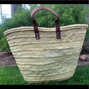Straw French Market Basket Tote with Brown Leather Handles Handmade in Morocco